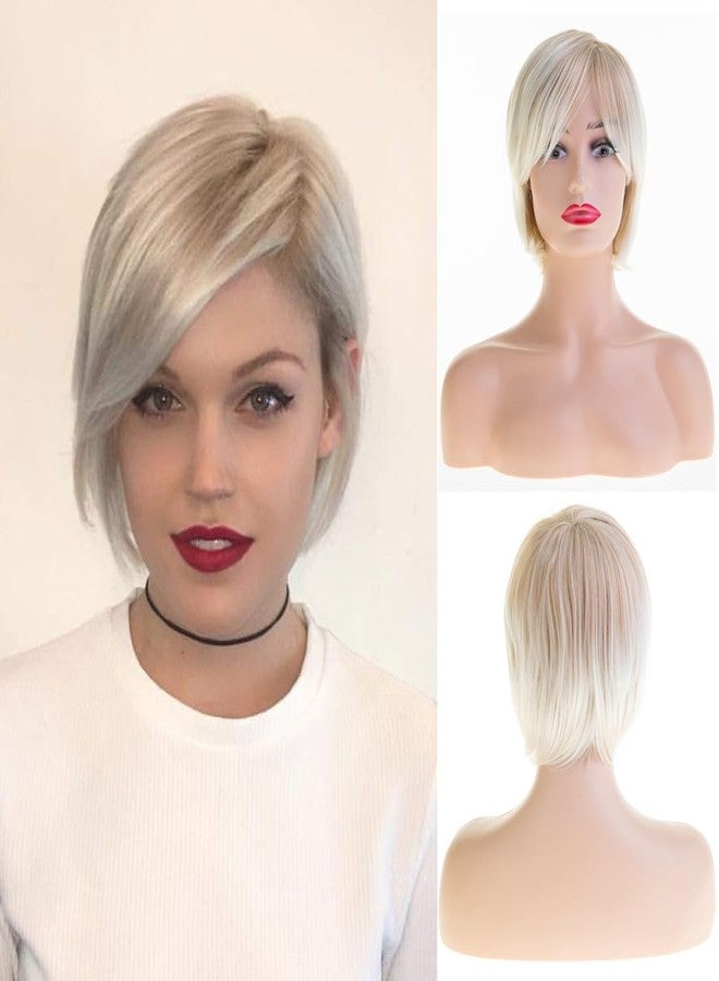 Baruisi Short Blonde Wigs for White Women Synthetic Side Part Straight Bob Wig Halloween Party Cosplay Hair with Cap - Image 1